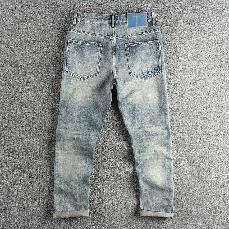 Heavy Washed Vintage Embroidered Denim Jeans Men's Versatile All Season Casual Trend Loose Tapered Straight Leg Pants Cityboys