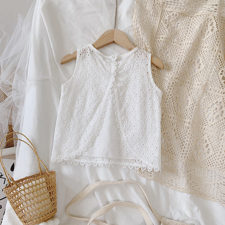 Girls Outfit Set 2022 Summer Clothing Sets Hollow Lace Suit Baby Casual Sleeveless T-shirt+Shorts Kids Clothes Sets Baby Clothes