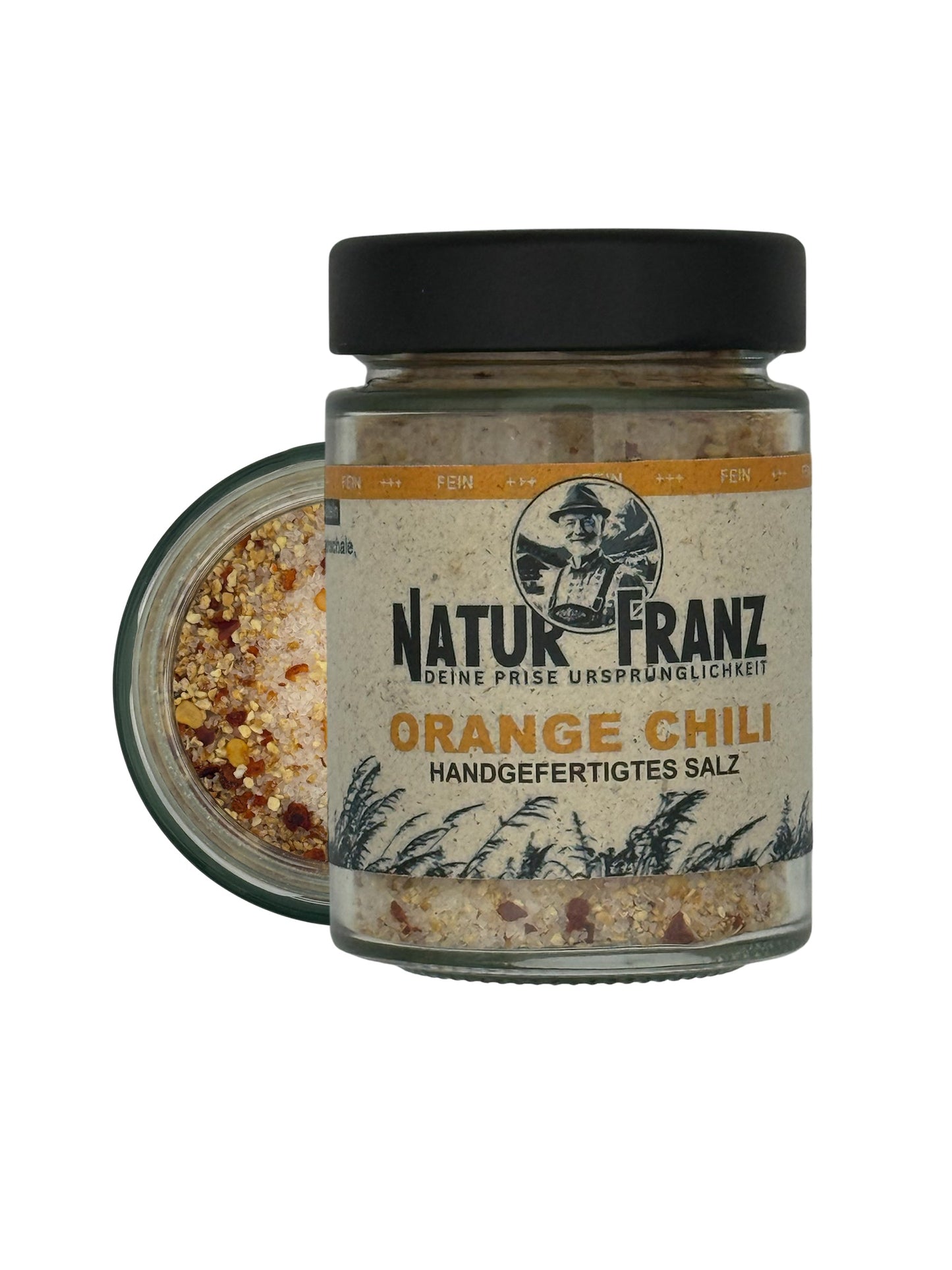 NATURFRANZ Sare de portocale și chili, cu gust de fructe picante - Capacitate 100 g, recipient din sticlă, dimensiuni aprox. 7x7x7 cm