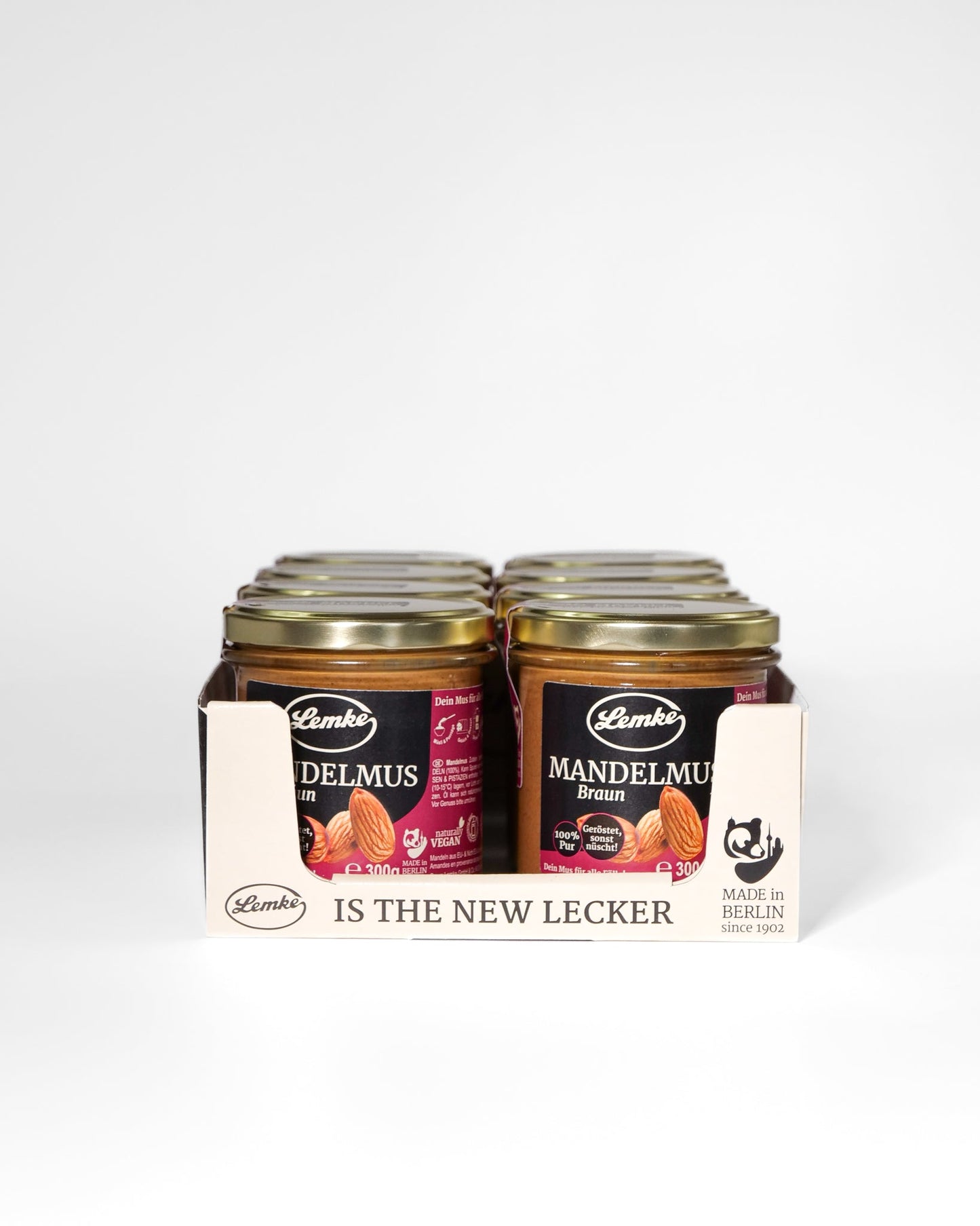Unt de migdale brun Lemke - Prăjire neagră, consistență cremoasă - Conținut 250 g, Dimensiuni 7 x 7 x 12 cm