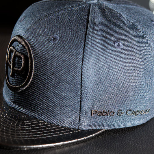 Snapback Cap - Navy Blue & Black Leather