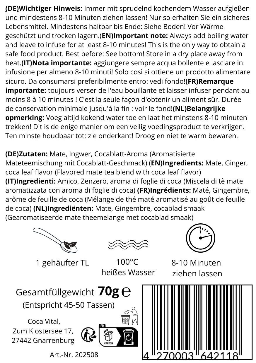 Coca Vital Andean Fire Peruvian Mate - Ghimbir Picant, pachet de 100 grame, dimensiuni 8 x 6 cm