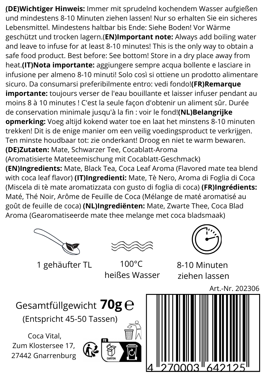 Ceai din frunze de coca Coca Vital Black Edition cu ceai negru - Conținut 100 g, Conținut mediu de cafeină, Dimensiuni ambalaj 9x6 cm