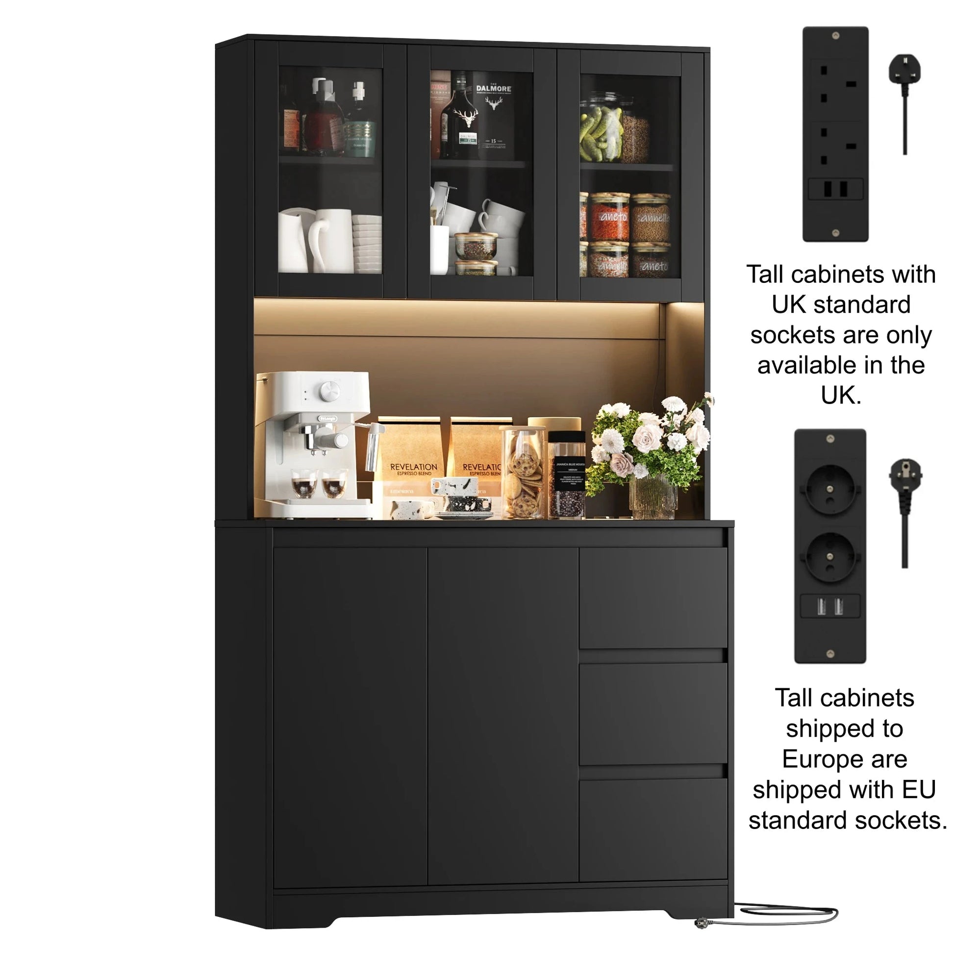Getone Küchenbuffet mit LED,Küchenschrank Buffetschrank mit Steckdosenleiste mit 3 Schubladen Verstellbares Regal 100x38.5x180cm by Golden Bridge Store