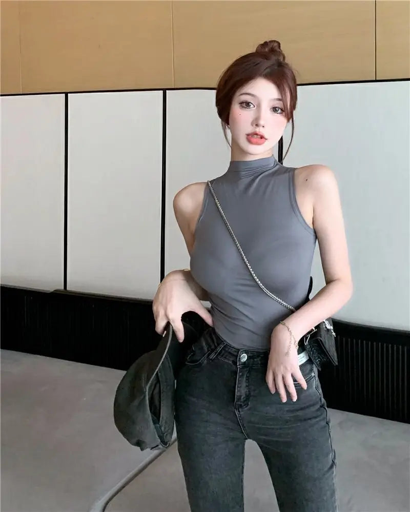 Sexy Tank Top Solid Halter Crop Tops Women Summer Camis Turtleneck Camisole Fashion Casual Tube Female Sleeveless Cropped Vest