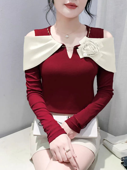 Women T-shirt Fashion T Shirt Cotton Slim Tee For Ladies Autumn Clothing New Long Sleeve Beading V-Neck Tops