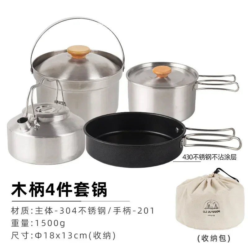 New Set 4pcsOutdoor Stainless Steel Pot Set Camping Family Pot Set 1L Portable Picnic Soup Pot Frying Steaming Household Camping