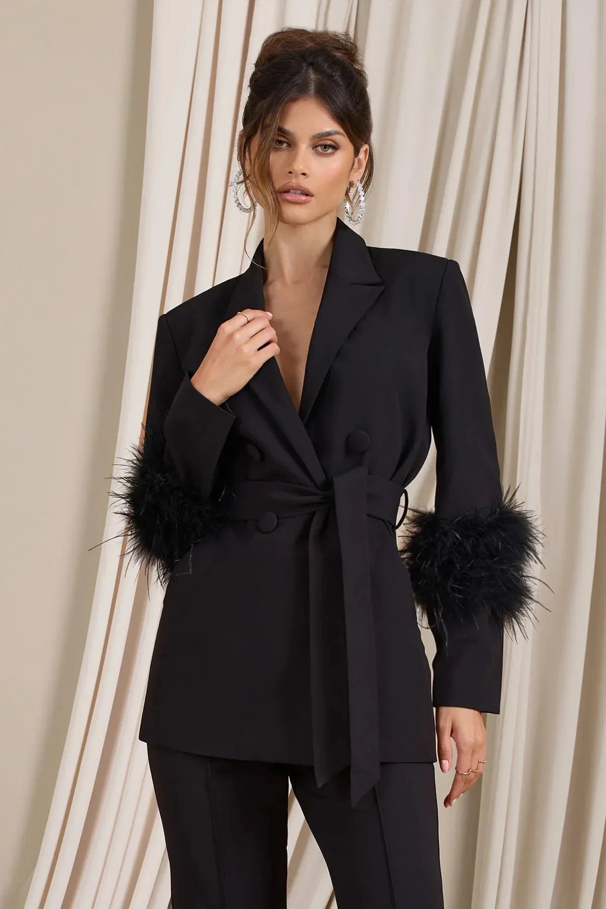 Elegant Women 2 Piece Set Solid Notched Neck Blazer Zipper Long Pants Feather Upright Coat Ladies Suit Fall Winter Office Wear