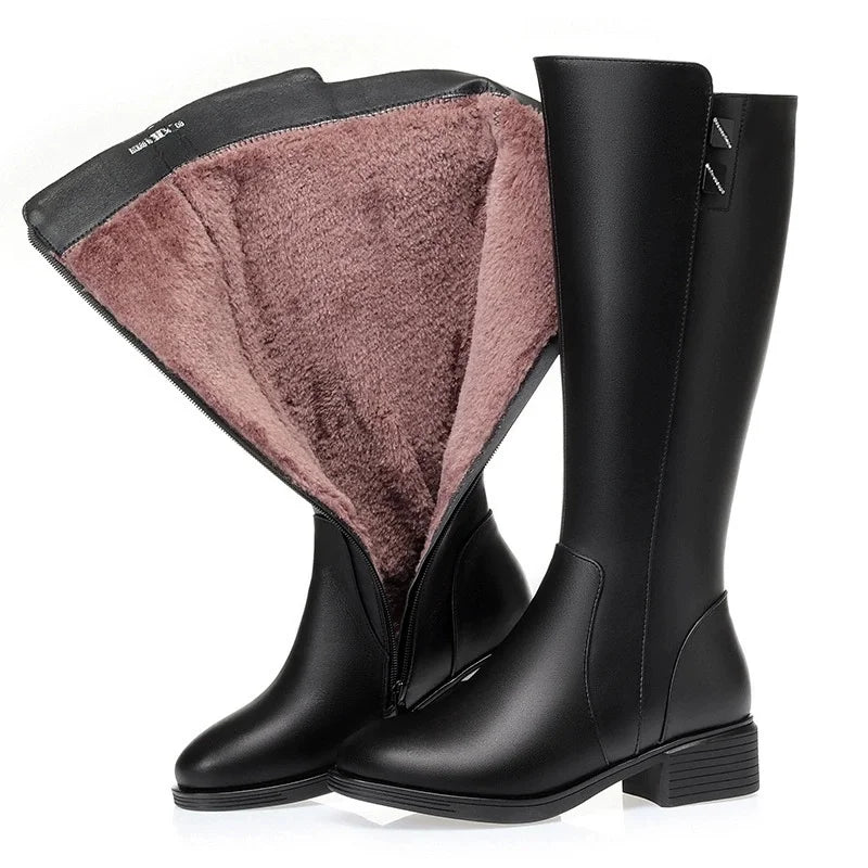 Ghete de iarnă din piele naturală Woizgic KQ-Z, închidere cu fermoar până la jumătatea gambei - Mărimea 41-42, toc 3-5 cm, căptușeală din lână