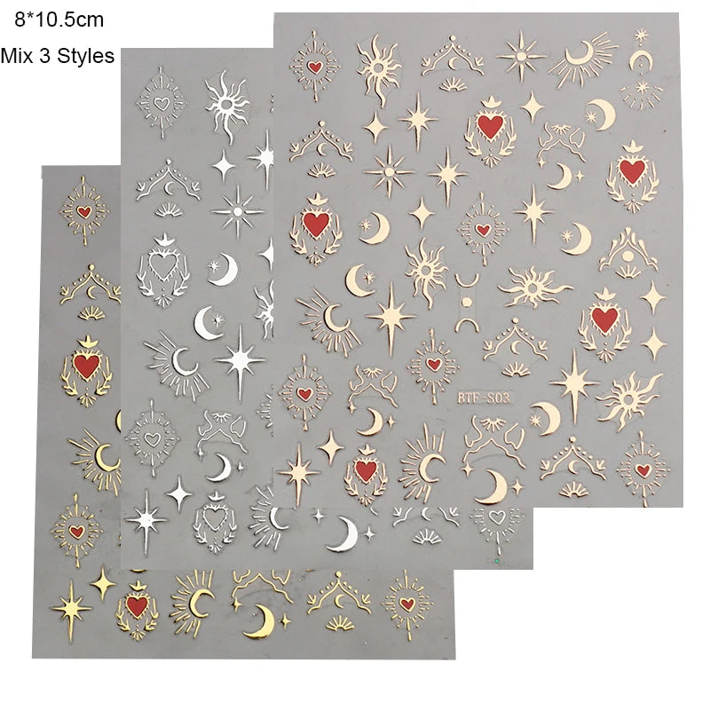 Mix 3 Sheets 3D Stickers for Nails Gold Sliver Rose Gold Laser Butterfly Moon Sun Adhesive Sliders DIY Nail Art Accessories