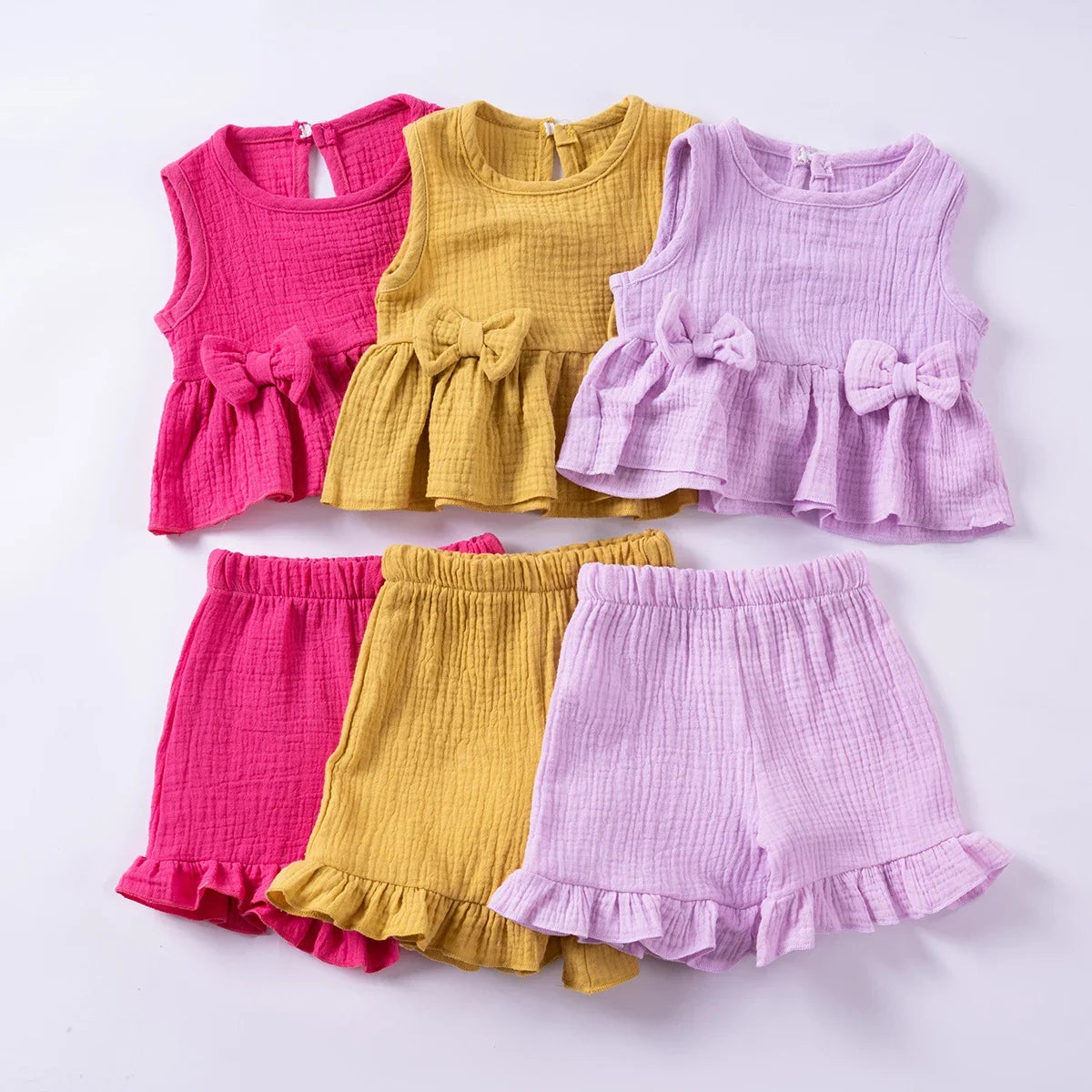 Toddler Girls Muslin Cotton Suits Solid Color Bow Vest+Shorts 2pcs Clothes Sets Sleeveless Cute Casual Baby Girls Outfits