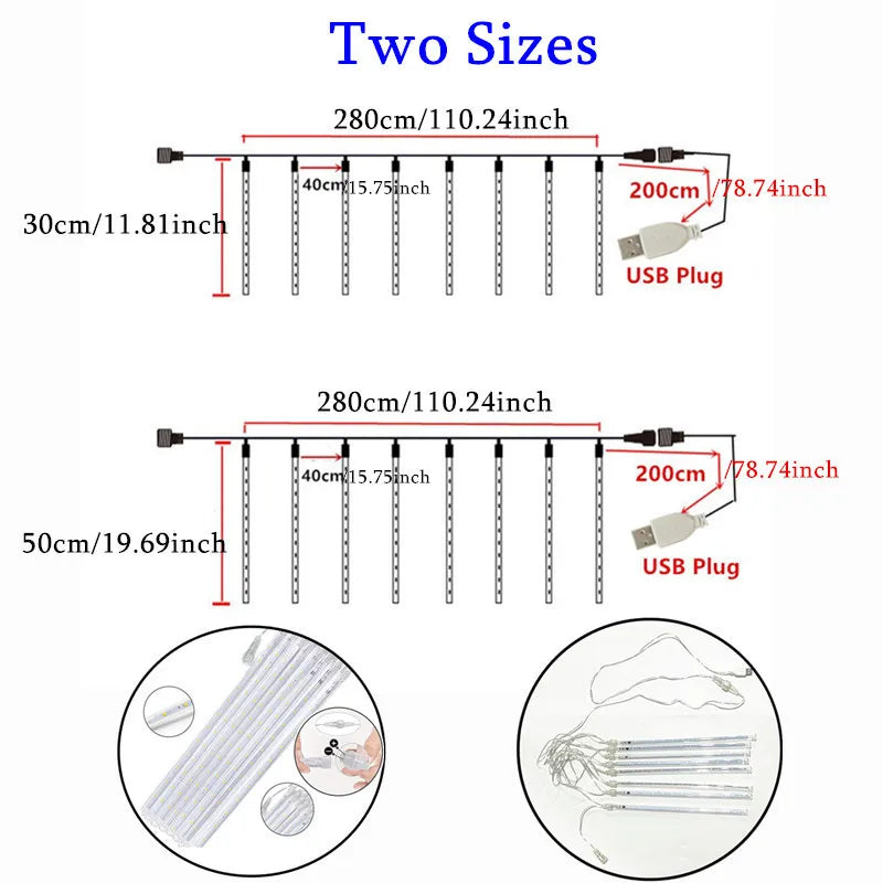 HOUHOM USB Meteor Shower Lichtkette-8 Röhren, USB-Anschluss, 30/50 cm