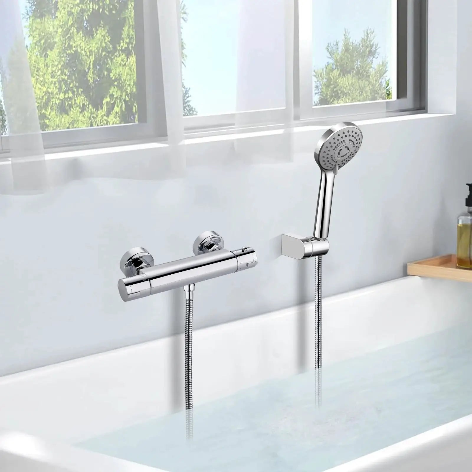 Duschmischbatterie mit Thermostat, 38 ° C-Sicherheitsknopf, runder thermostatischer Chrommischer für Badezimmer und Badewanne, oberflächenmontiert by Golden Bridge Store