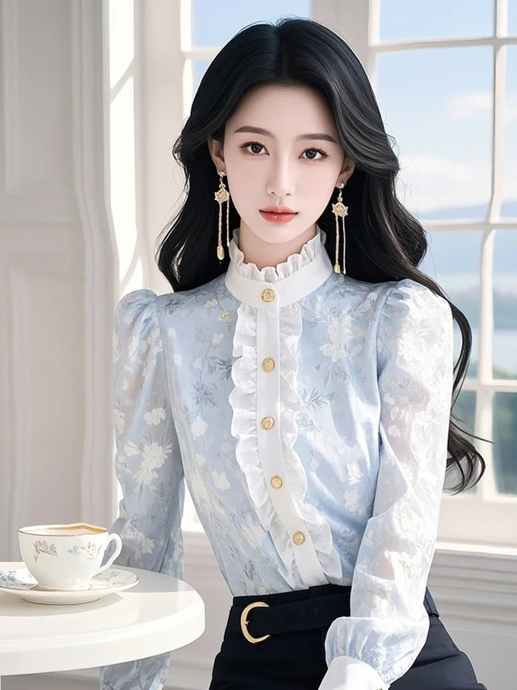 Blue Floral Chiffon Shirt with Ears for Women Spring 2025 New Top