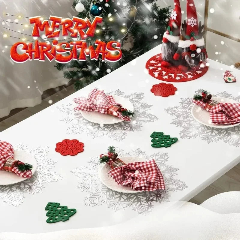 5-20PCS Christmas Snowflake Placemats and Table Runner Heat Resistant Dining Room Table Mats Holiday Party Tableware Decorations