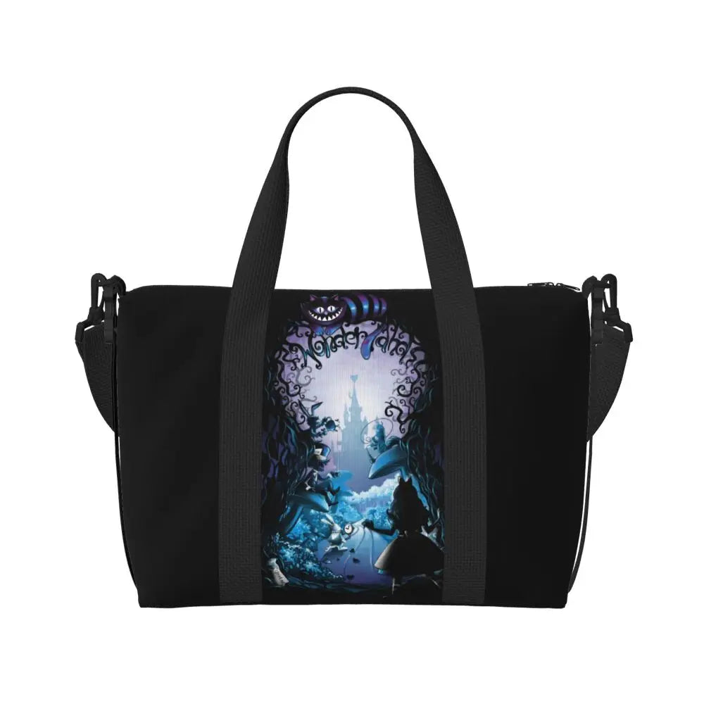 Custom Cheshire Cat Beach Tote Bag for Women We're All Mad Here Cat Big Compartment Gym Beach Travel Bags