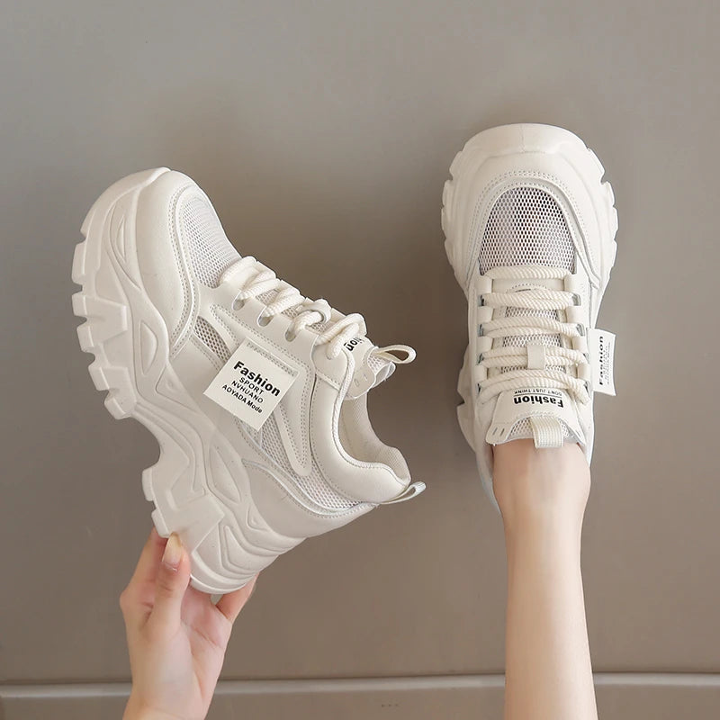 Whiet Breathable Chunky Sneakers Woman 2025 Spring Thick Platform Casual Sneakers Women Non Slip Lace Up Sports Shoes Female