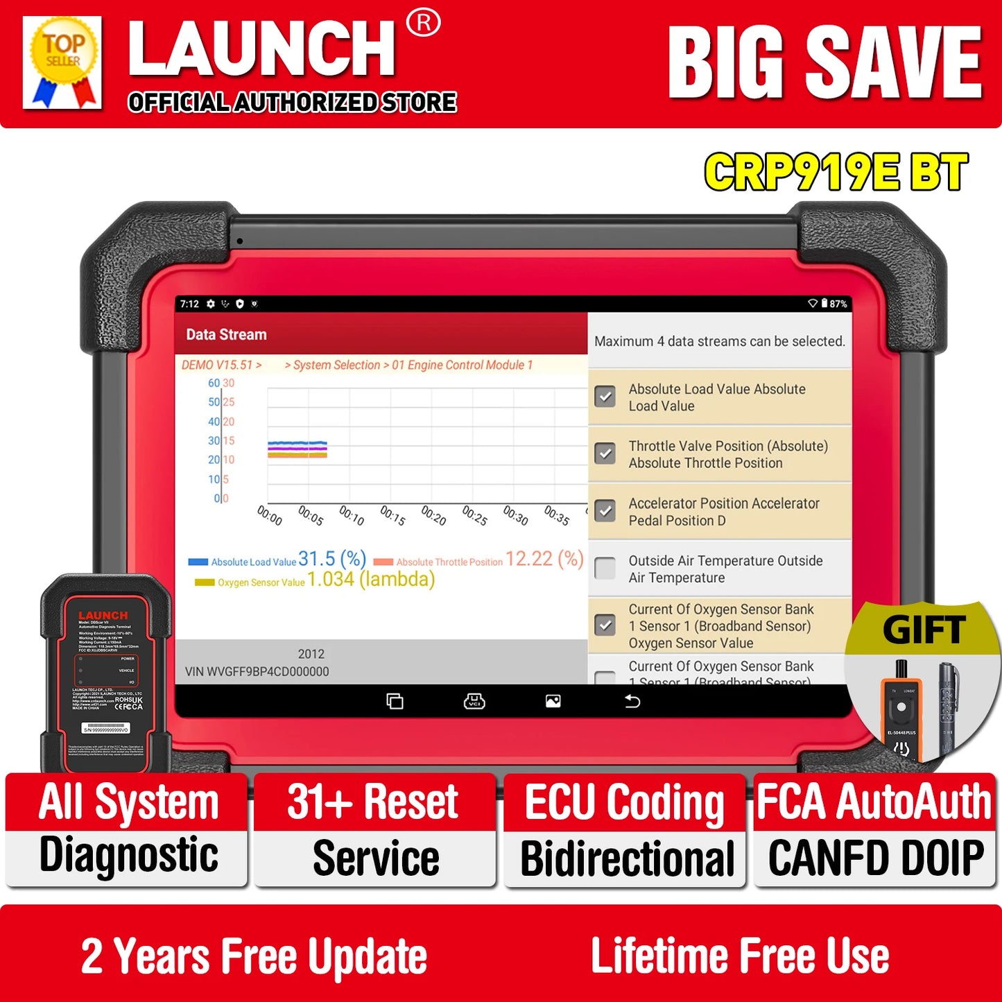 LAUNCH CRP919E BT OBD2 Scanner CAN FD DOIP FCA Full System Car Diagnostic Tools ECU Coding Bidirectional Control 31+ Service