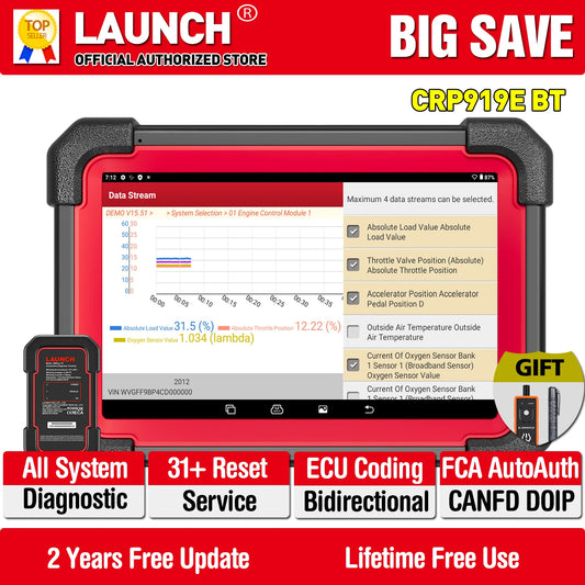 LAUNCH CRP919E BT OBD2 Scanner CAN FD DOIP FCA Full System Car Diagnostic Tools ECU Coding Bidirectional Control 31+ Service