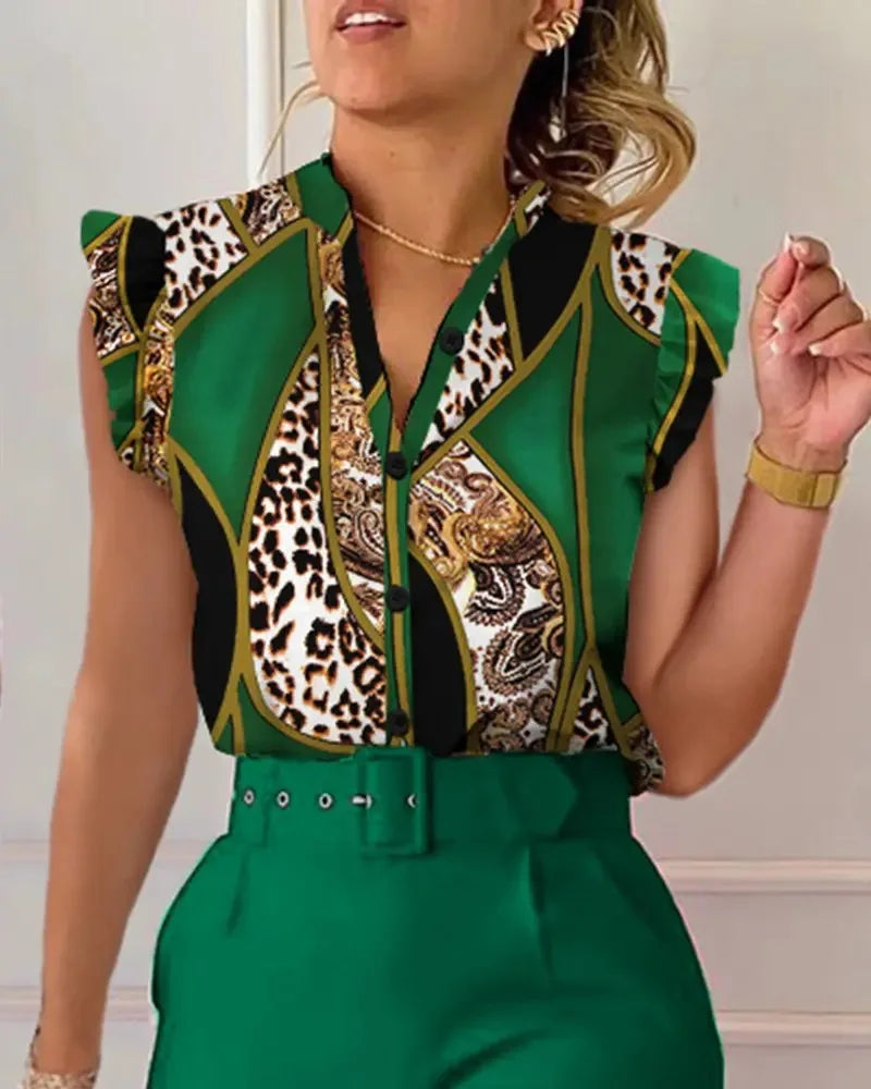 Elegant Women Two Piece Set Suits New Fashion Printed Ruffle Sleeve Top Solid Color Pants Set With Belt  Blouses Female Clothing