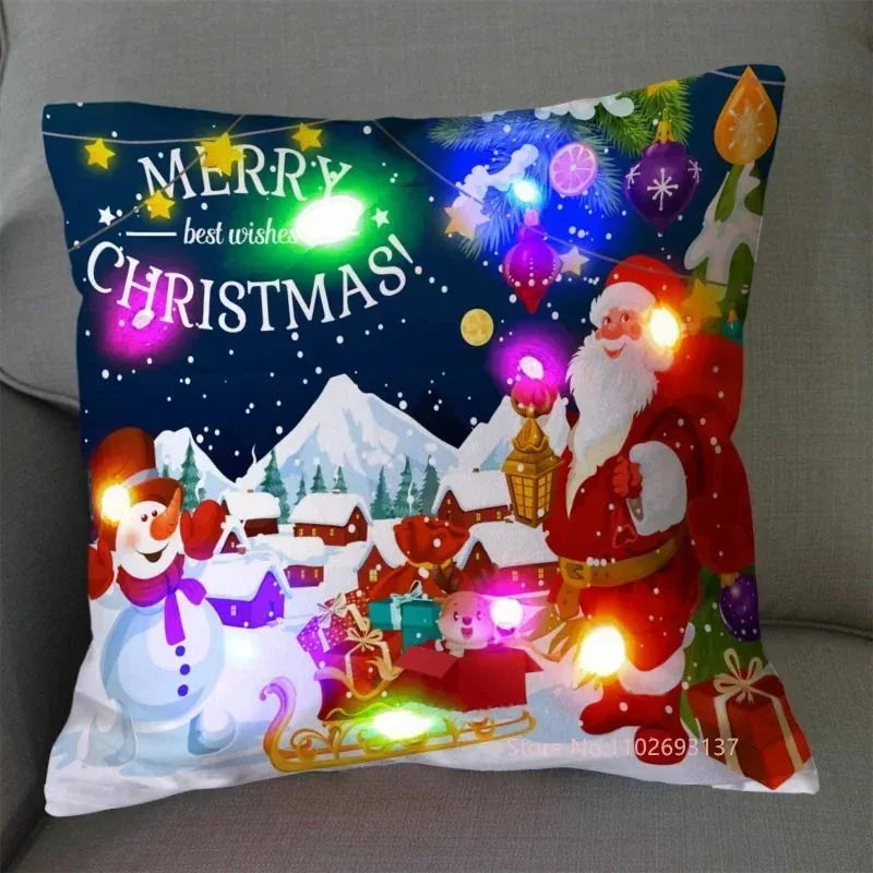 Christmas Pillowcase Decorations Home Cushion Cover LED Light 45x45cm Xmas Pillow Cover for Bedroom & Living Room Party Decor