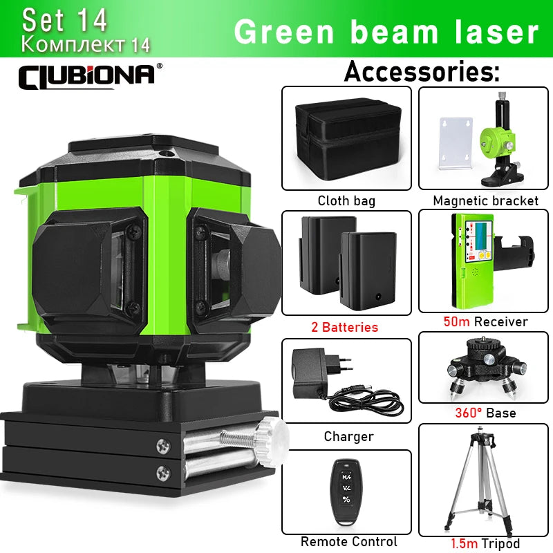 CLUBIONA 16/12 lines Self-leveling Remote Control Outdoor Mode - Receiver Auto 3x360 Green beam Line Laser Level
