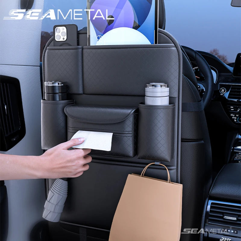 SEAMETAL Auto Sitzrücken Aufbewahrungstasche Multi-funktional Auto Getränk Handy Halter Tissue Tasche PU Leder Auto Organizer Tasche Zubehör