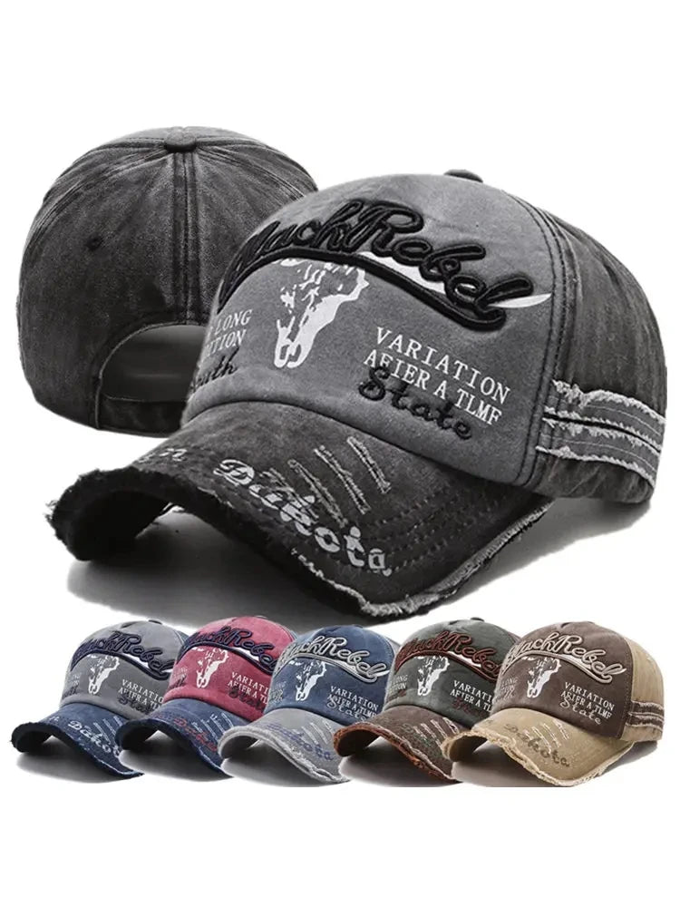 Unisex Washed Cotton Vintage Cap Letter Embroidery Baseball Cap Cow Head Pattern Men And Women Outdoor Sports Hats