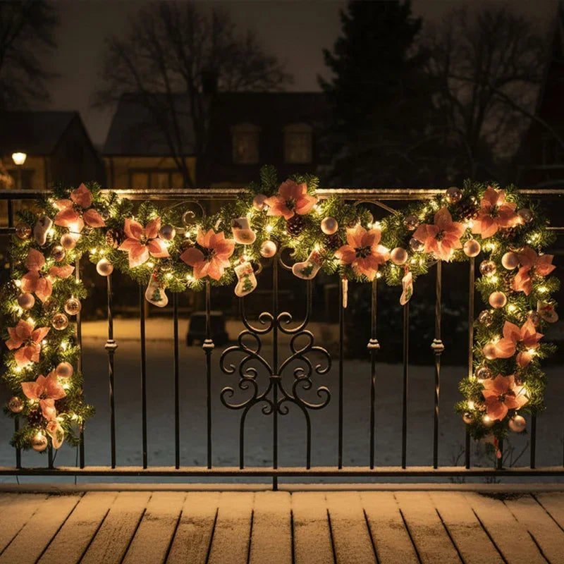 Weihnachts-LED-Rattan-Girlande, 270 cm künstlicher Kranz mit Lichtern für Weihnachtsbaum, Haustür, Kamin, Treppen, Zuhause, Party-Dekoration