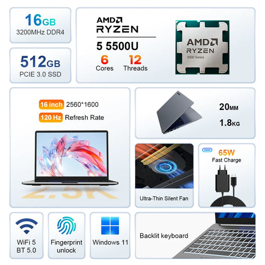 Ninkear A15 Pro Ryzen 5 - 16GB RAM, SSD de 512GB, 16 inci
