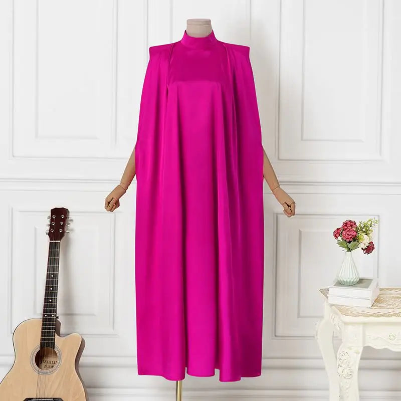 Elegant Evening Dress 2024 VONDA Women Pleated Stand Collar  Long Sleeve Satin Party Sundress Casual Solid Loose Robe Vestidos