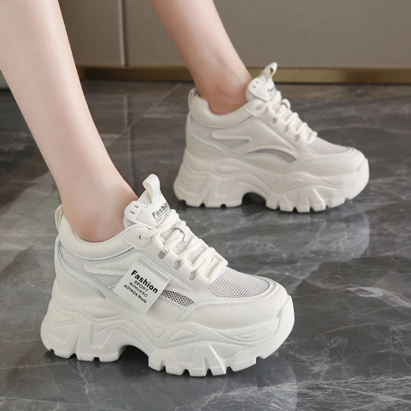 Whiet Breathable Chunky Sneakers Woman 2025 Spring Thick Platform Casual Sneakers Women Non Slip Lace Up Sports Shoes Female