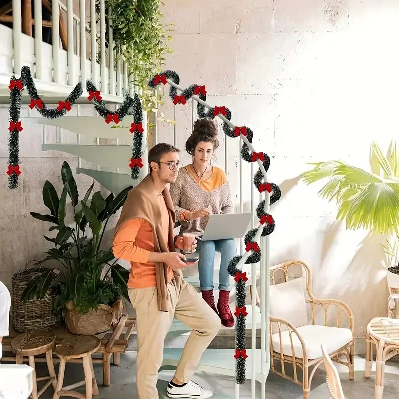 Weihnachts-Lametta-Girlande, künstliche Weihnachtsgirlande mit LED-Leuchten, Weihnachts-Metallic-Twist-Hängegirlande, Kamin, 2 m