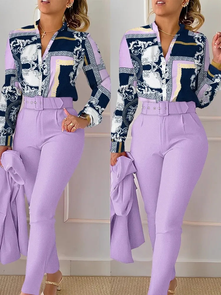 Elegant Women Shirt Two Piece Set Suits Fall New Fashion Print Long Sleeve Top Black Pants Set With Belt Blouses Female Clothing