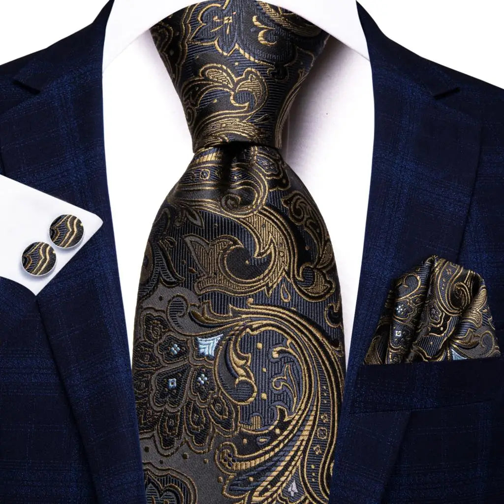 Hi-Tie Seiden-Herren-Krawatten-Set Blumenmuster Gelb Gold Krawatten und Taschentücher Manschettenknöpfe-Set Herren-Hochzeits-Party-Anzug-Mode-Halskrawatte C-3053