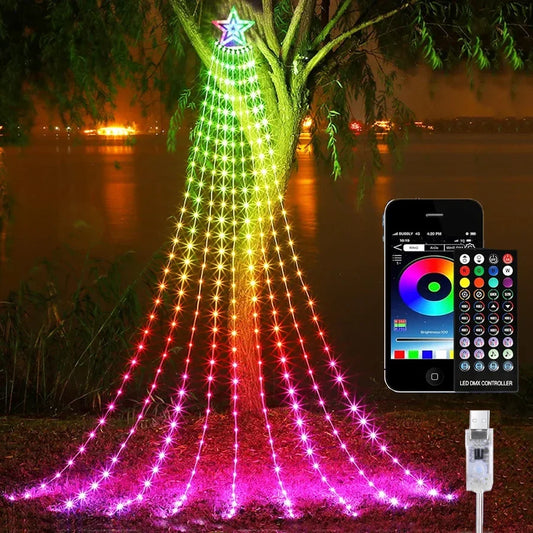 PAMNNY RGB Wasserfall LEDKette - Appsteuerung, LEDs 200, Länge 9x2,8 m