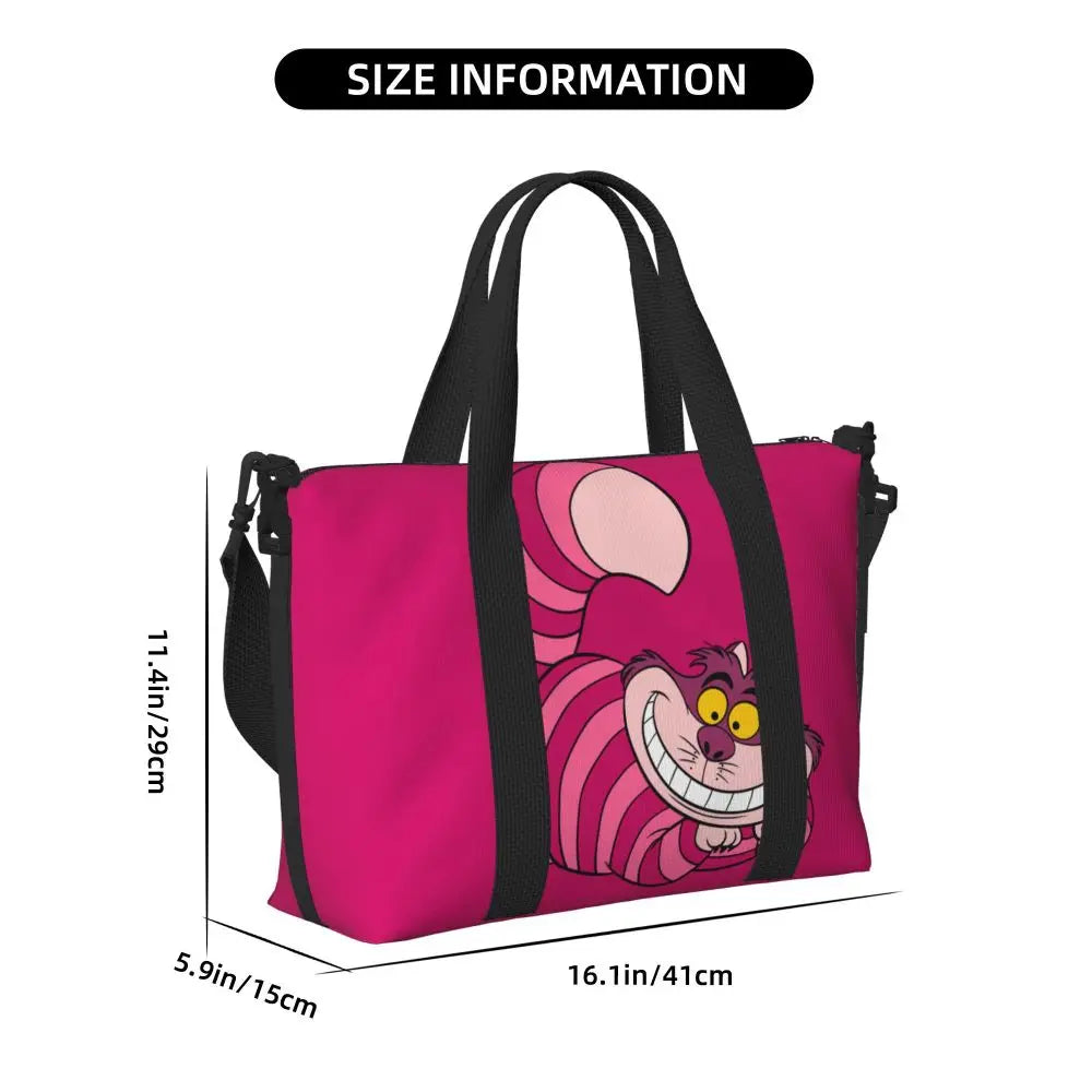 Custom Cheshire Cat Beach Tote Bag for Women We're All Mad Here Cat Big Compartment Gym Beach Travel Bags