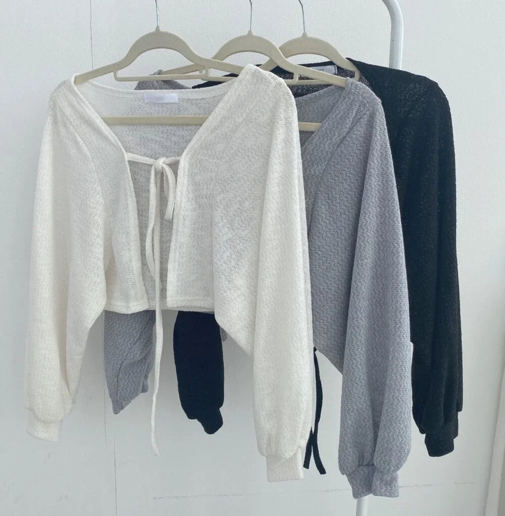 TDFunlive Cardigan Sonnenschutz Laternenärmel V-Neck Schnür-Detail Weiß - Größe S/M/L, Länge Kurz