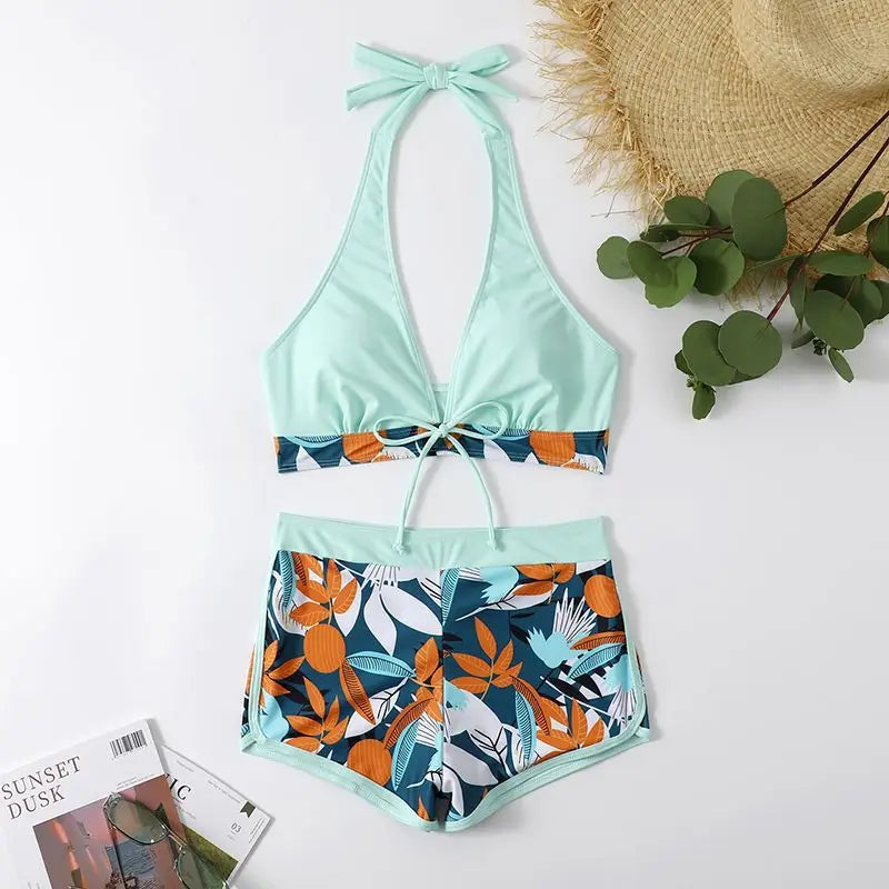 Halter Bikini Set Kurzer Schwimmanzug Frauen High Waist Bedruckte Bademode