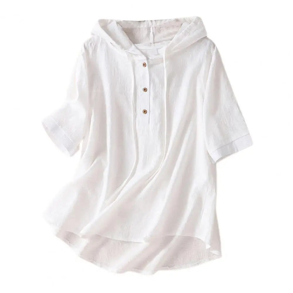 Elegant Women Blouse Shirt Hooded Cotton Linen Solid Color Buttons Half Placket Short Sleeve Top Thin Loose Blouse