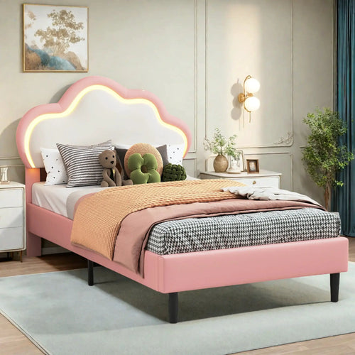 Kinderpolsterbett 90x200 cm Wolkenförmiges Kopfteil Lattenrost Rosa