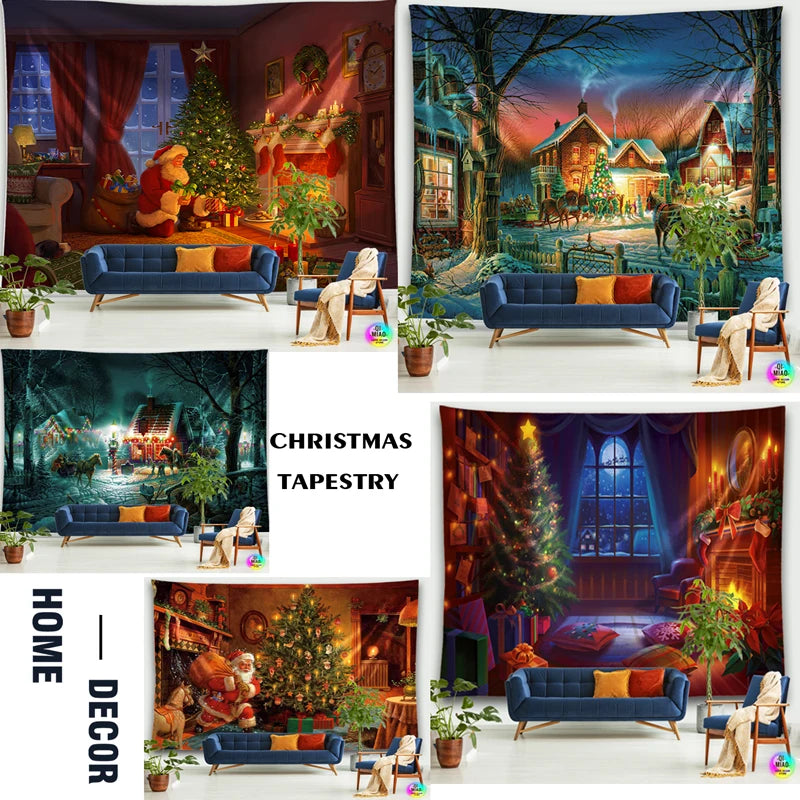 Merry Christmas Tapestry Fireplace Wall Hanging Tapestries Christmas Tree  Room Decoration Santa Claus Home Wall Decor  Large