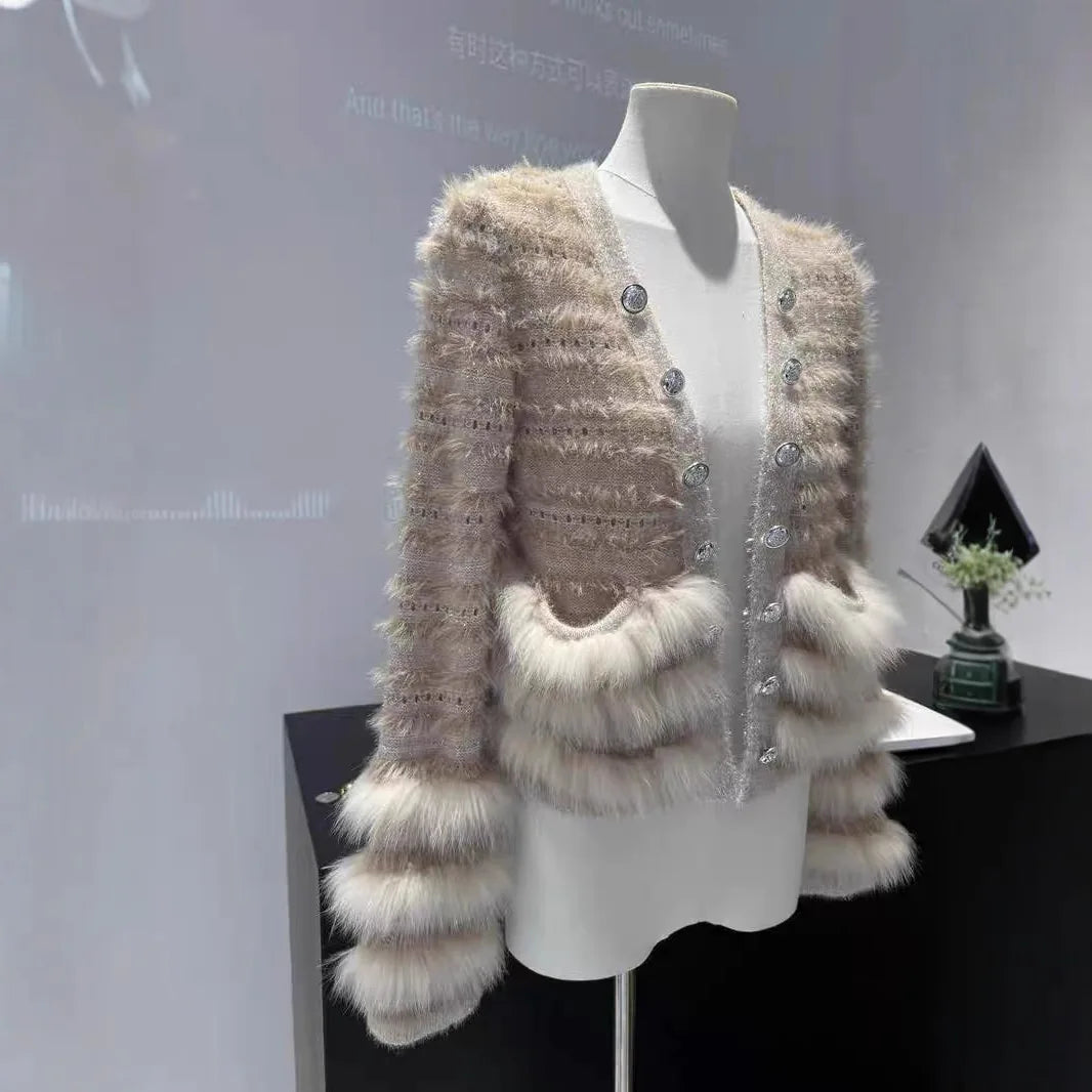 Seoulia V-Ausschnitt Pailletten-Pulli - Gr. M, Stretch, lang