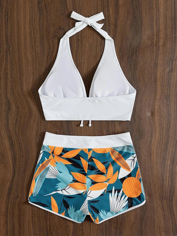 Halter Bikini Set 2025: High Waist Design Polyester Spandex - Kurzer Schwimmanzug Frauen Bedruckte Bademode Vintage Strandmode