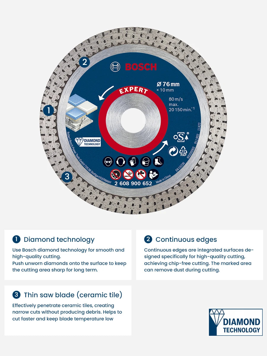 Bosch Expert Hard Ceramic Cutting Disc 76mm Angle Grinder Saw Blade for Hard Tiles Stone Diamond Cutting Disc Accessories 80M/s