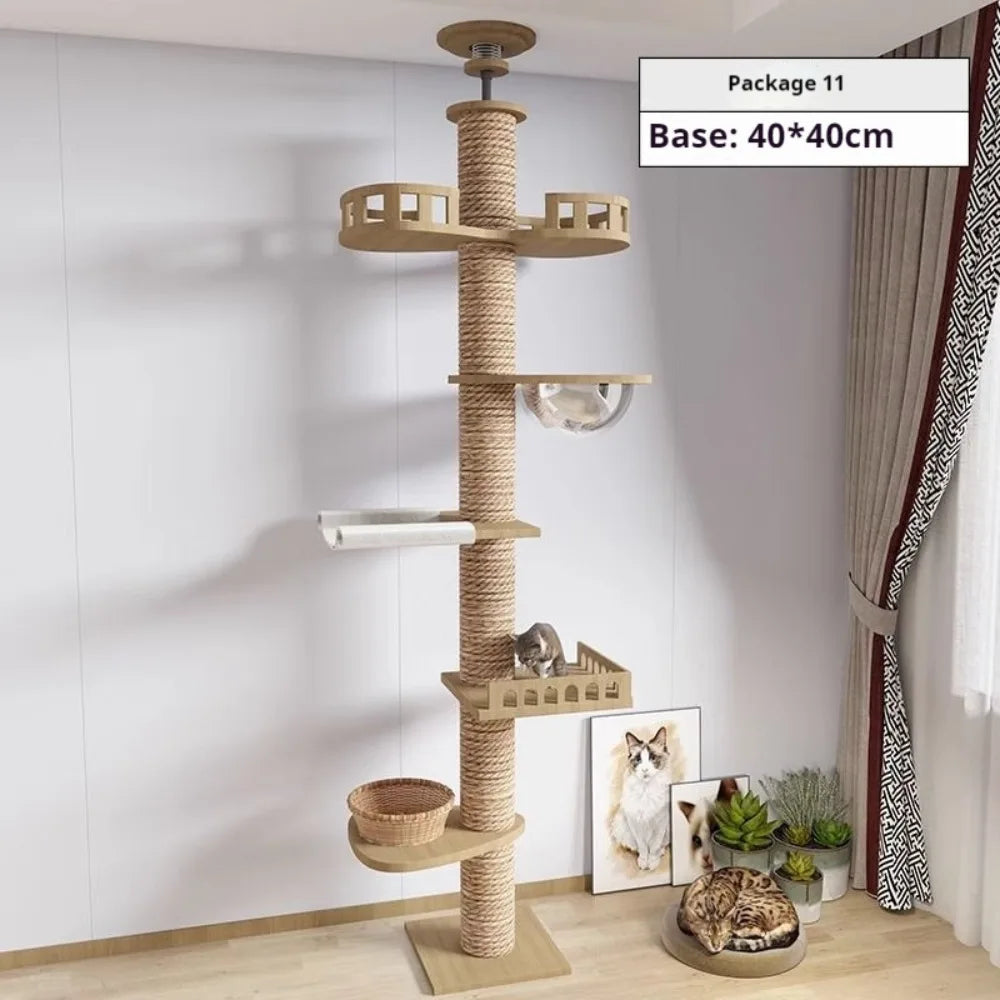 Cat Tower Cat Tree  Adjustable Multi-Function Floor To Ceiling Wooden House Tower For Large Cats With Large Cat Accessories