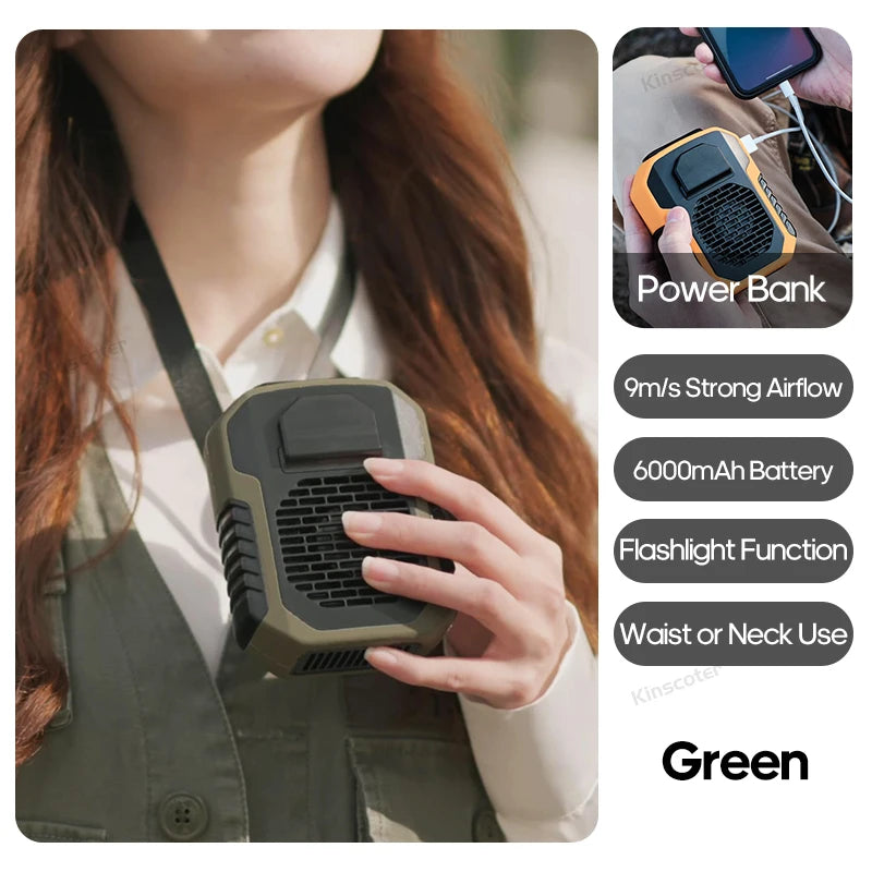 KINSCOTER Tragbarer Outdoor Hüft-Ventilator - 8000mAh LED Beleuchtung Multifunktional Nacken-Ventilator Power Bank