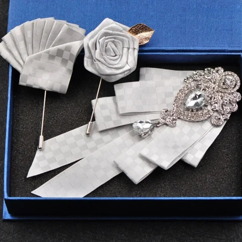 Fashion Handmade Bow Tie Wedding Collar Luxury Rhinestone Bowtie Necktie Brooch Pocket Towel Square Set Gift for Men Accessories