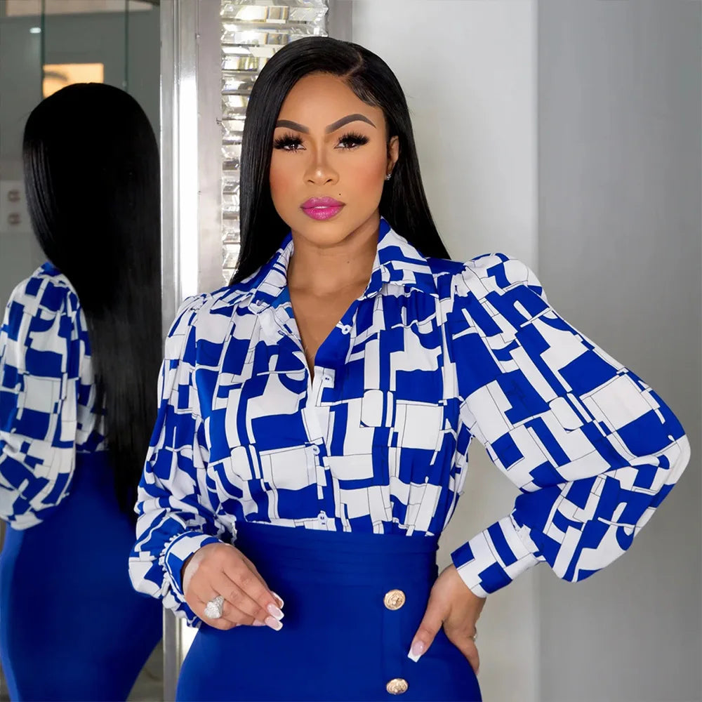 Elegant 2 Piece Set Women OL Outfits Fashion Business Long Sleeve Print Blouse Shirt High Waist Bodycon Skirt Sexy Office Work