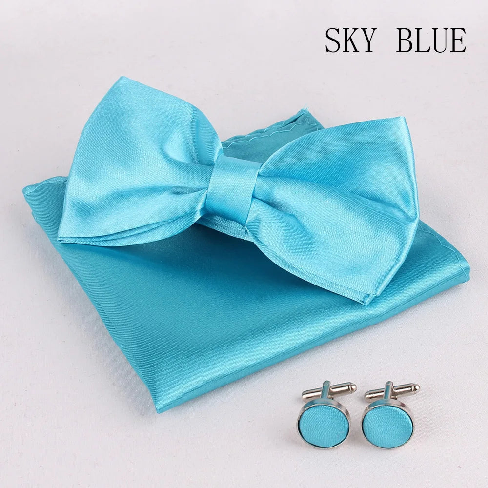 Solid Colors Polyester Adjustable Men's Accessory Set Elegant Pre-Tied Bow Tie Matching Pocket Square & Cufflinks for Wedding